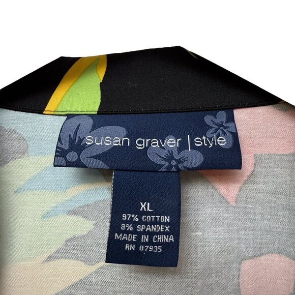 SUSAN GRAVER Bright Floral Blazer Size XL Black Multicolor Cotton Blend Jacket - Picture 5 of 9